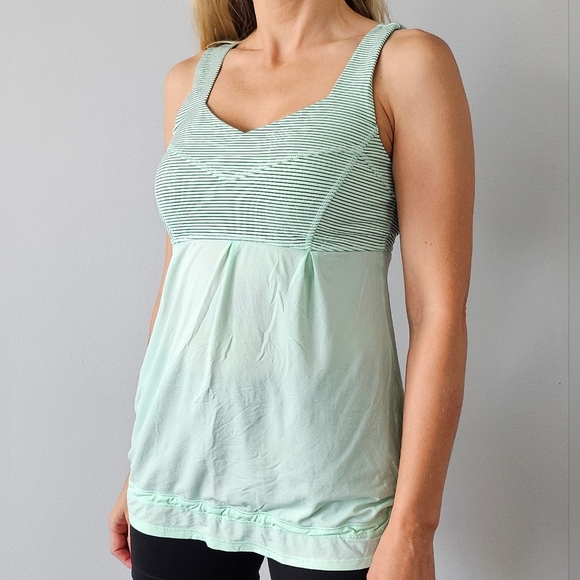 Lululemon Tank Top 6 Mint Green Black Stripe Drawstring Ruffle Bottom Seafoam - Picture 2 of 14